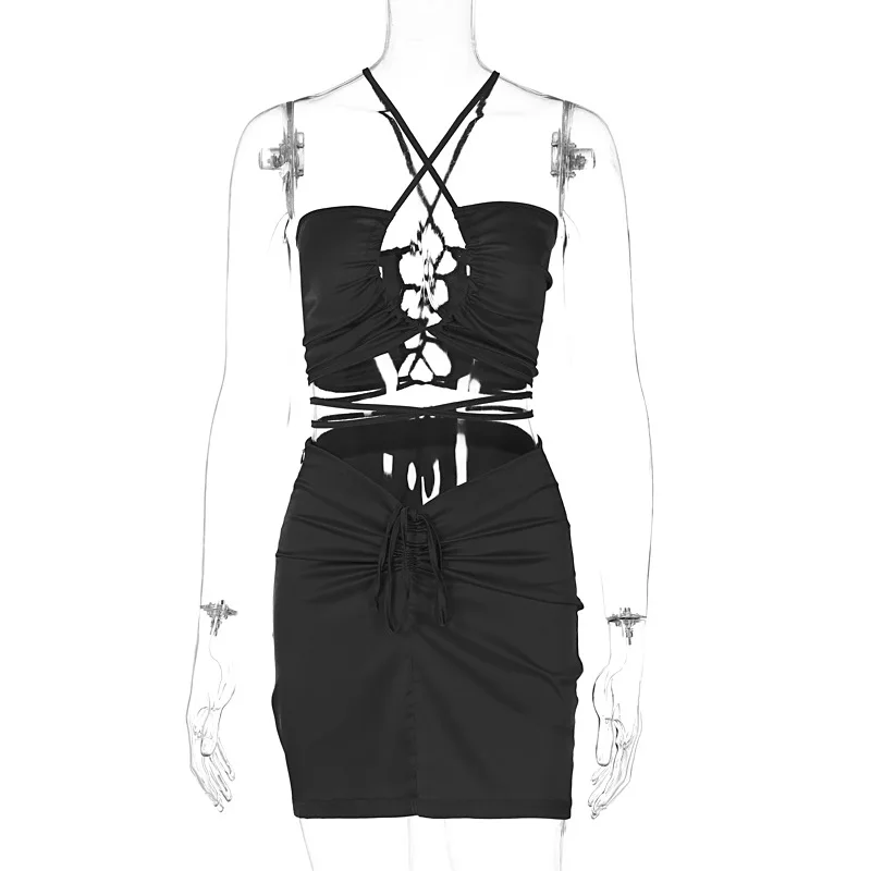 

Tinastyle ollow Out Sexy Drawsrting 2 Peice Set Women Halter Lace Up Crop Top Ruched Mini Skirt Outfits Bandage Matching Sets