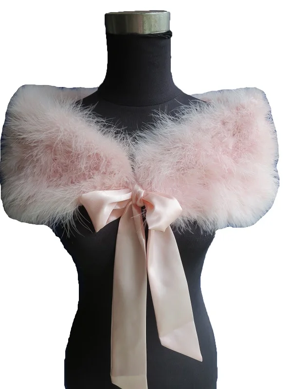 Light Pink Меховая шаль из страусиных перьев для женщин, рождественский подарок, накидки для невесты, свадебной вечеринки с лентой - Цвет: Light Pink
