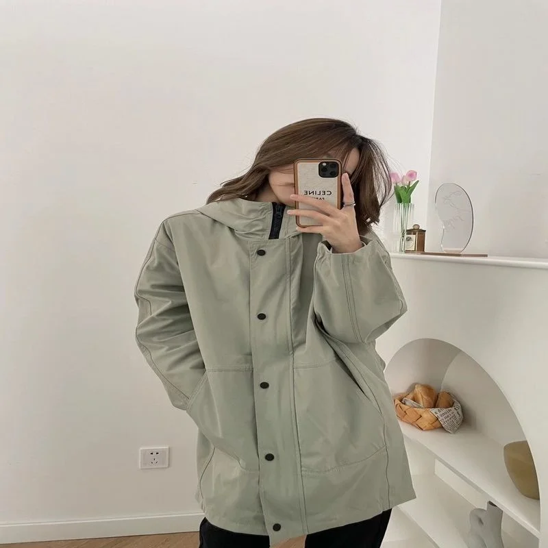 

Spring new cotton solid color temperament loose green long Korean single breasted women's casual top
