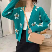 Preppy Style Flower Knit Cardigans Sweater Women V Neck Loose elegaht Thicked Pull Femme Print Short Casual Coat korean style