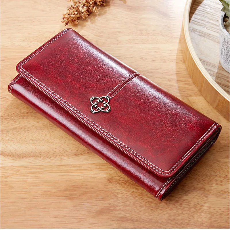 

2021 New Women's Wallet Wax oil skin wallet Money Bag Lady Long Leather Clutch Bag Wallet Card Holder carteira feminina