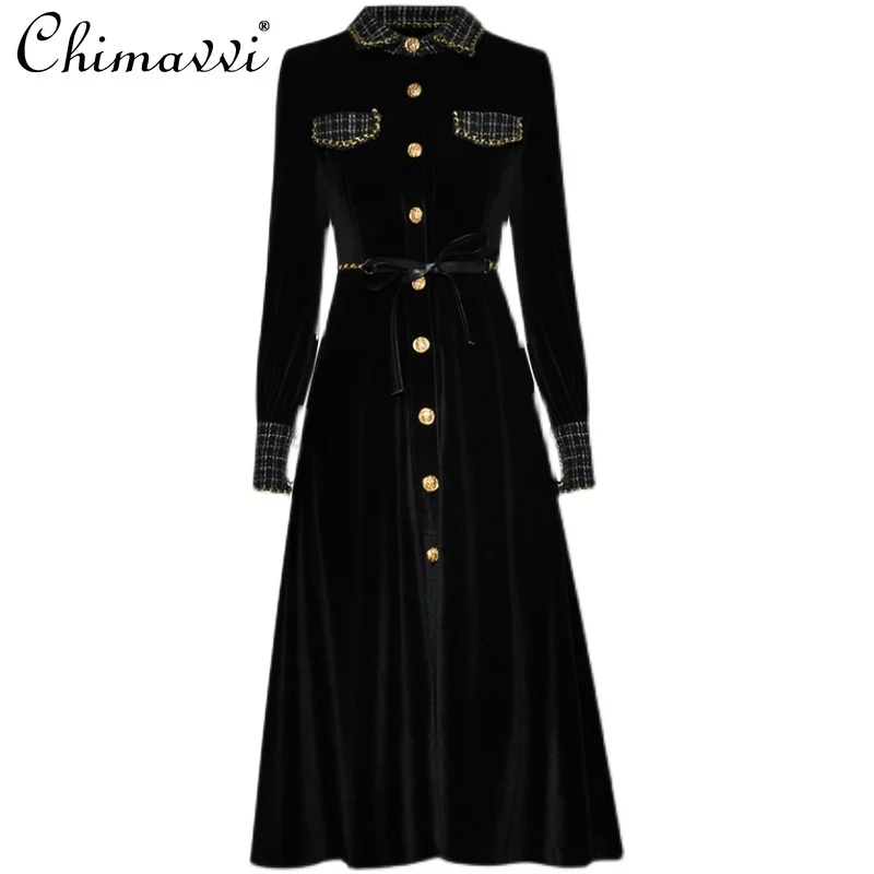 

Plaid Lapel Long Sleeve Single-Breasted Lace Up Dress Fashion Warm Velvet Mid-Length Bottoming Dress 2021 Autumn Clothing