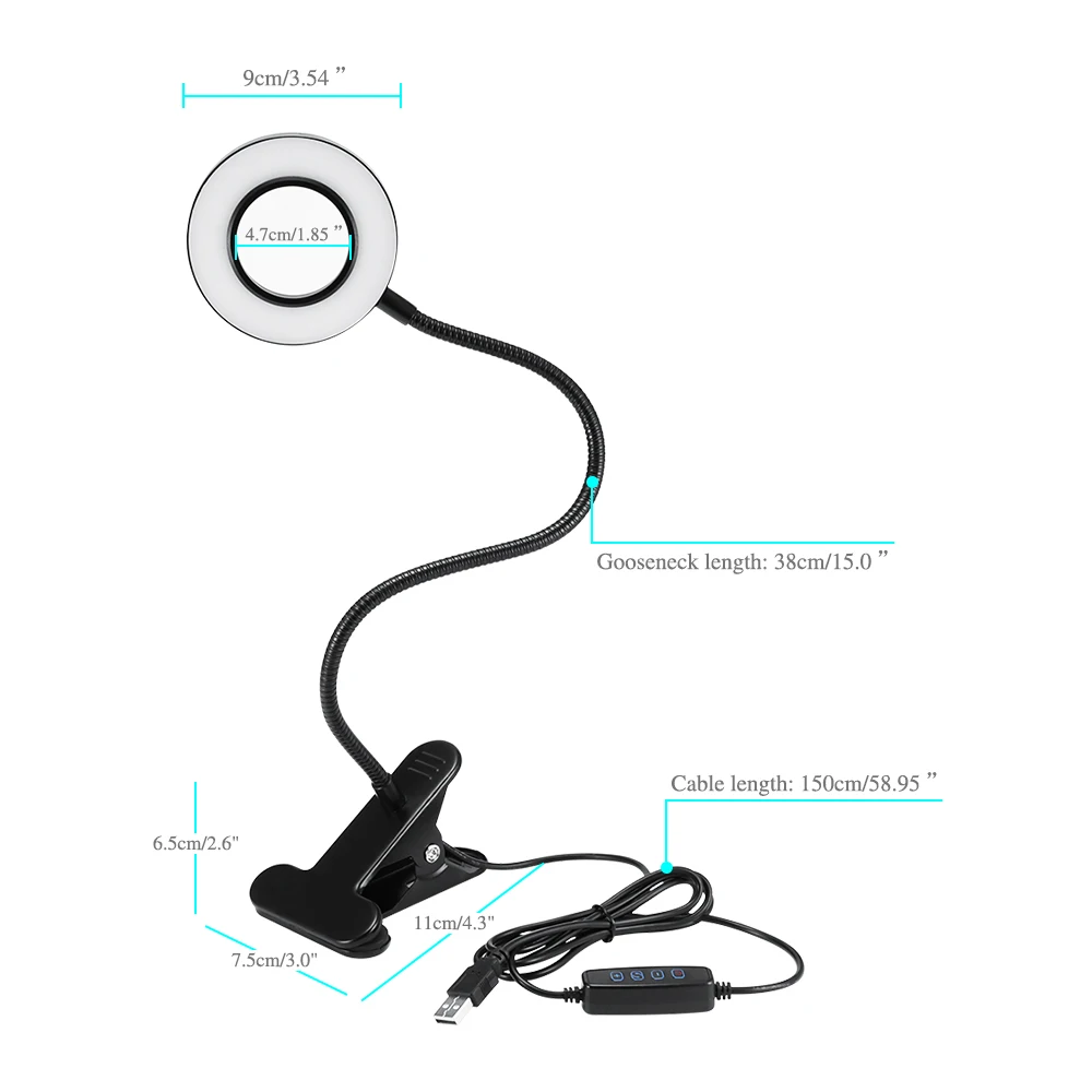 Гусиная шея USB Светодиодная настольная лампа с зажимом Защита глаз 4 кнопки для