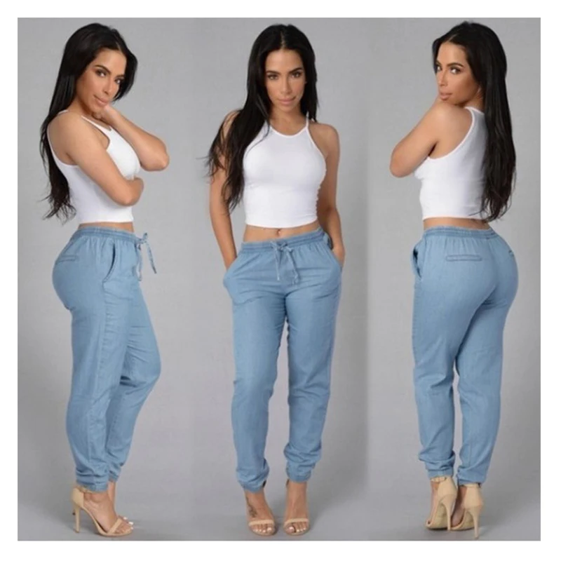 Свободные джинсы женские узкие спортивные джинсовые брюки Осенние однотонные