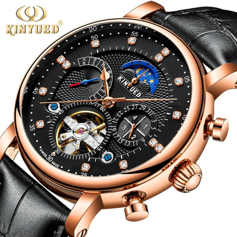 KINYUED Men Automatic Mechanical Tourbillon Watch Business Leather Moon Phase Sport Watches Mens Clock Relogio Masculino J025