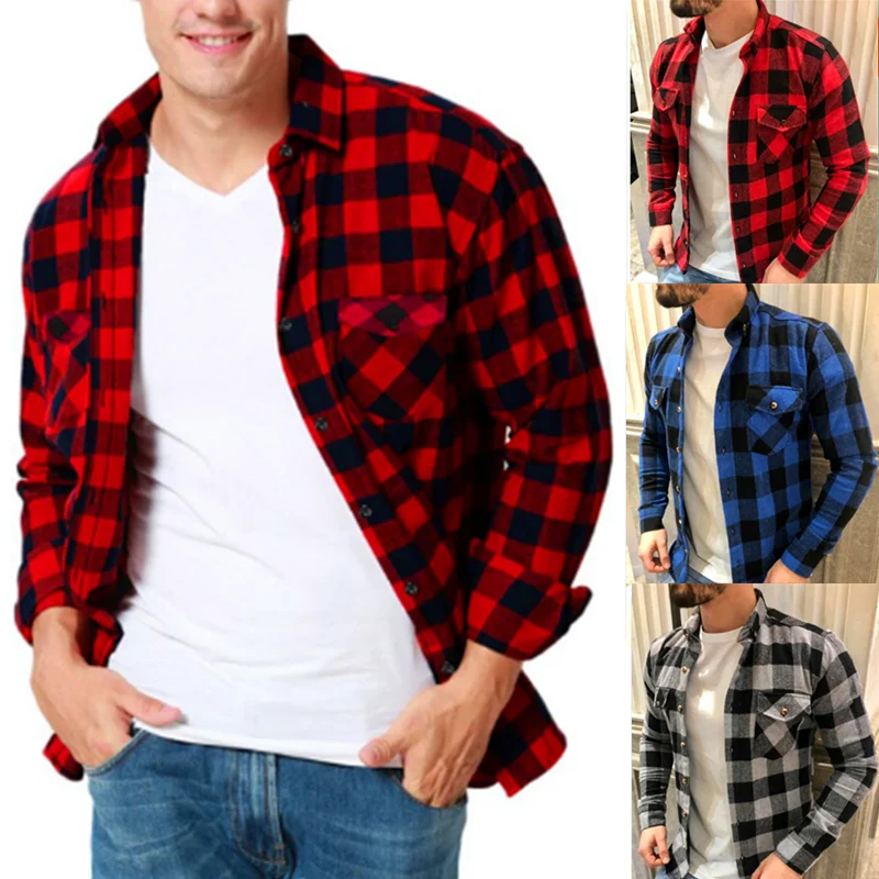 

Мужская фланелевая клетчатая хлопковая рубашка с карманами, толстовка с длинными рукавами в стиле Харадзюку, повседневные Модные осенне-зи...