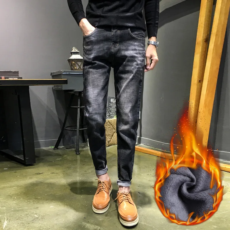 

2020 Winter Fleece Pant Pantalones Hombre Jeans Para Hombre Plus Velvet Straight Winter Jeans Men Korean Stretch Jeans Men Black