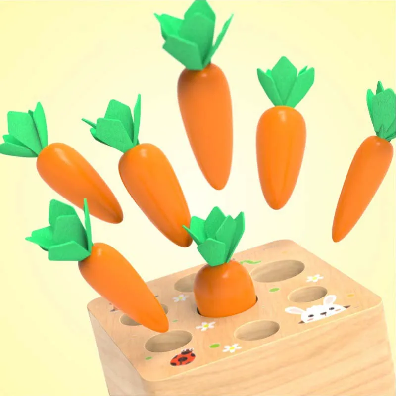 

Cute Baby Montessori Toys Wooden Block Set Pulling Carrot Ability Shape Matching Size Cognition Educational Toy For Children