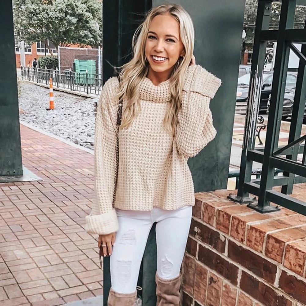 

Winter Turtleneck Long Flare Sleeve Women Sweaters Autumn Casual Solid Knitted Pullovers Oversized Sweater Tops Loose Jumper