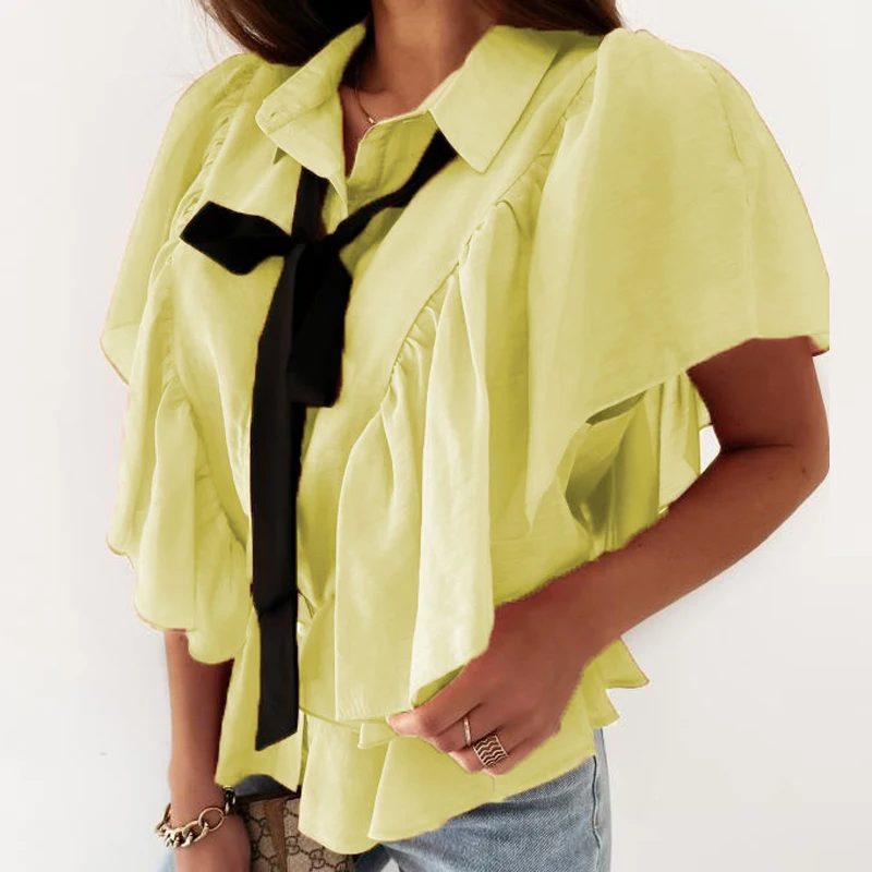 

Office Lady Elegant Solid Chiffon Blouse Shirts Spring Summer Fashion Bowknot Ruffle Short Sleeve Tops Women Casual Loose Blusa