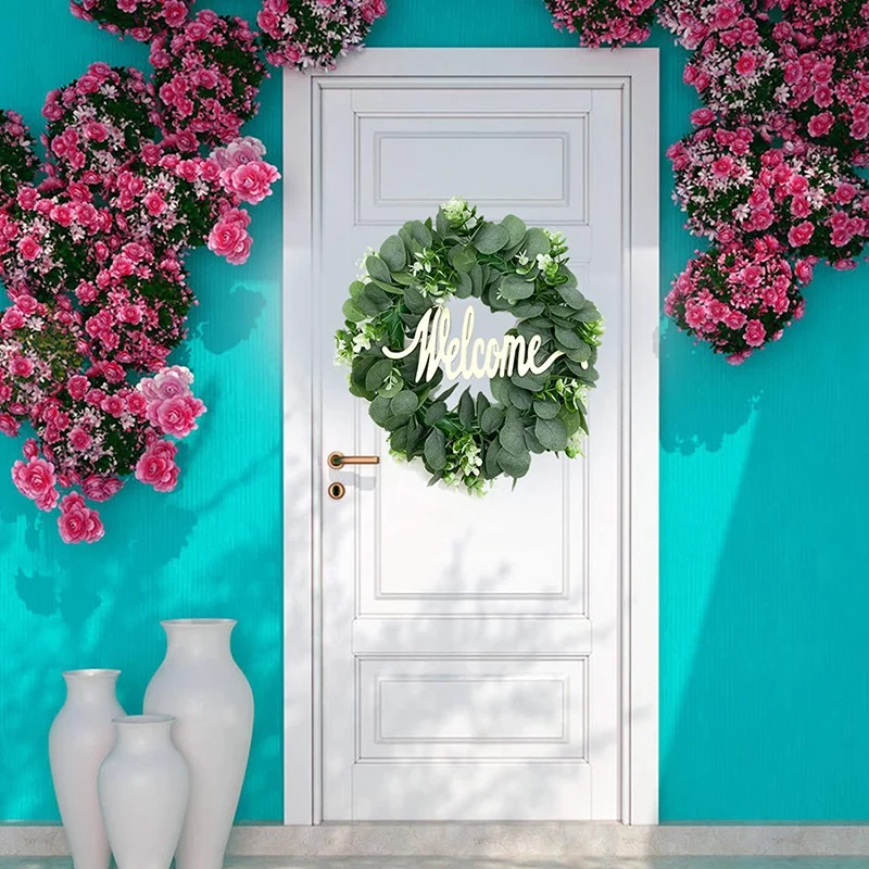 

Realistic Eucalyptus Wreaths-16.5 Inch Green Leaf Eucalyptus Wreath Spring/Summer Welcome Wreath with Wood Welcome