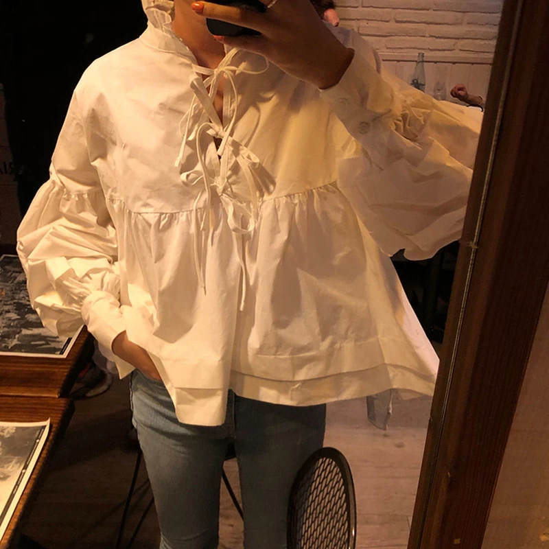 RealShe женская блузка белая с гофрированным воротником длинным рукавом фонариком