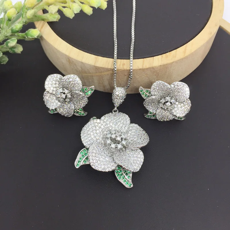 

Vanifin Fashion Jewelry Exquisite Camellia Full Micro Pave Necklace with Earrings for Anniversary Engagement Luxury Best Gifts