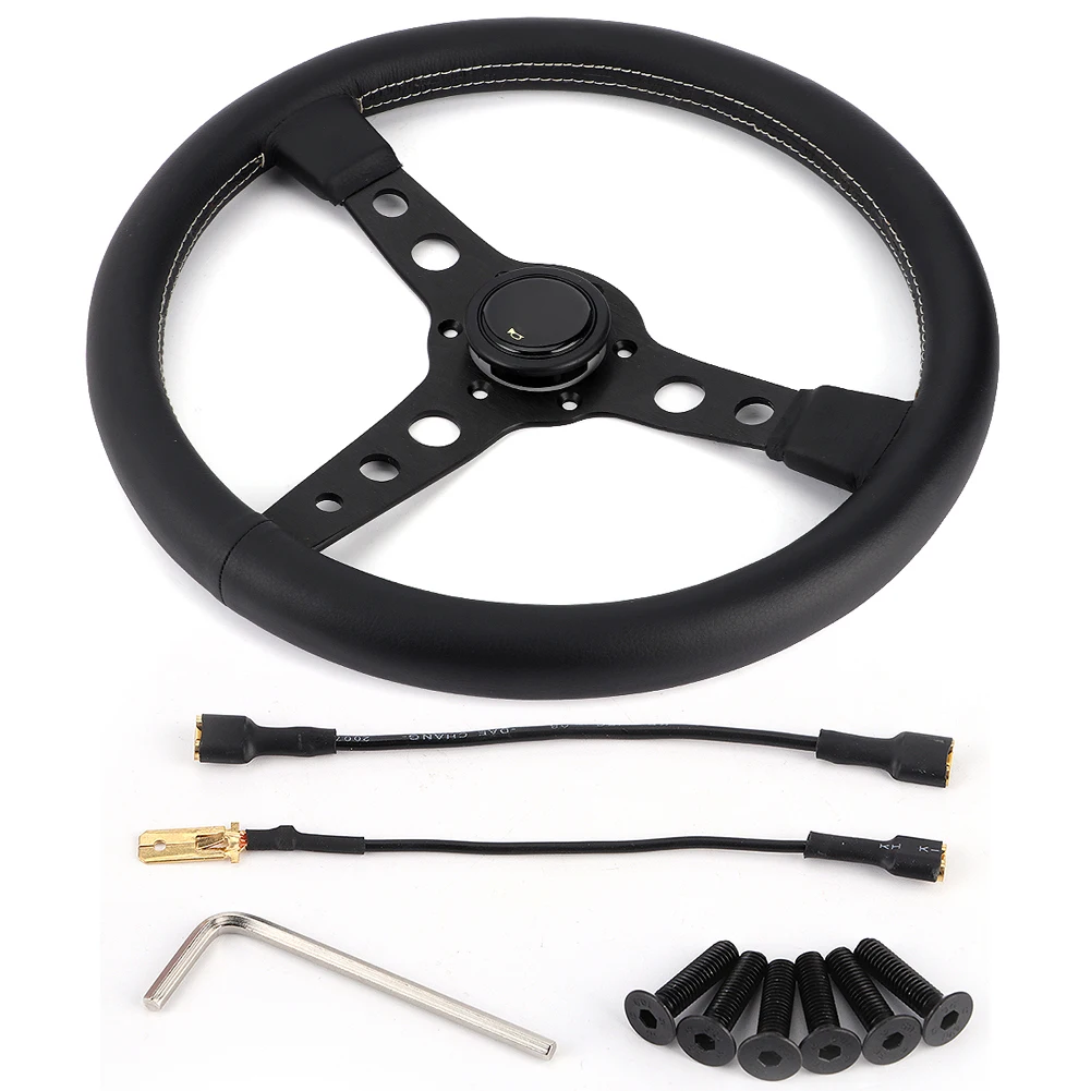 

350mm/14in for Prototipo Style 6-Bolt Black Leather Racing Steering Wheel Gray Stitching with Horn Button