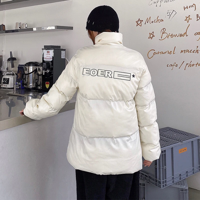Thick White Parkas Women Coat 2021 New Fashion Winter Warm Stand Collar Women Down Cotton Coat Casual Letter Women Jacket NBH342