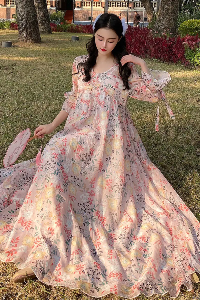 

2021 Plus Size Women's Spring Floral Retro Full Sleeve Dress Ethnic Style Long Loose Fashion Korean Clothing Sweet Vestido zh037