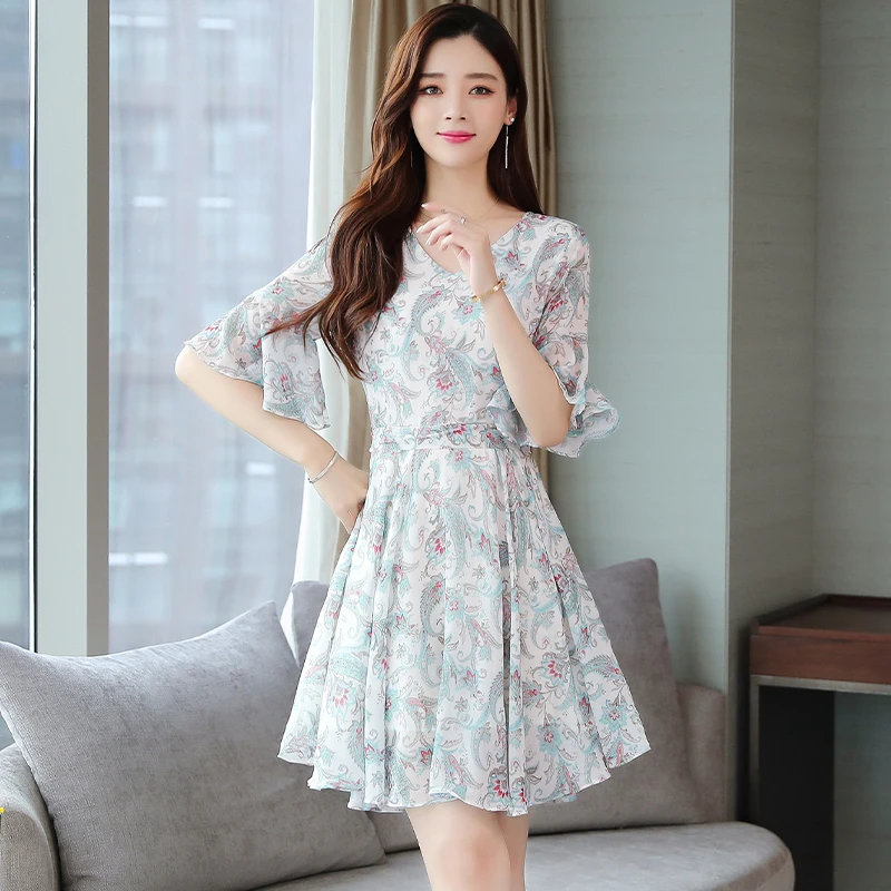 

2021 Elegant Green Floral Chiffon Mini Dresses Spring Summer Plus Size Print Vintage Runway Dresses Women Bodycon Party Vestidos
