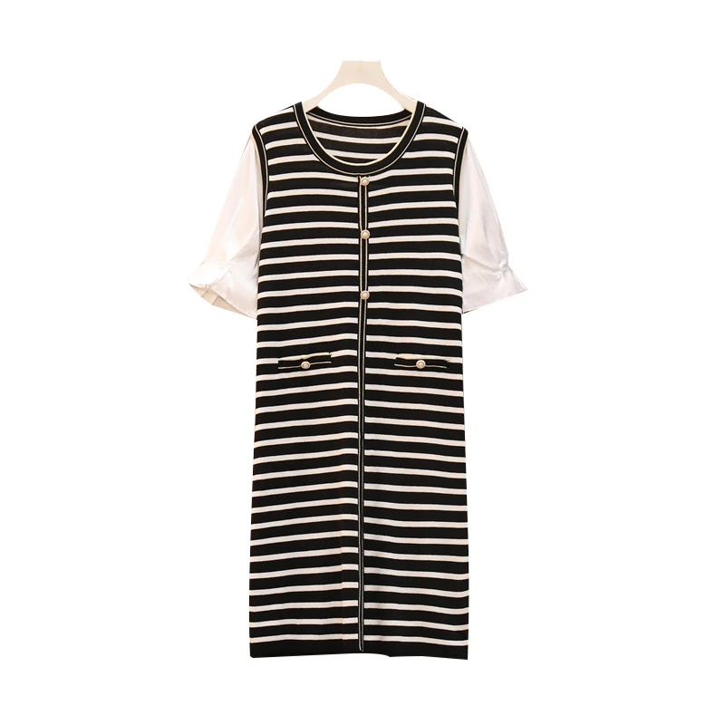 

EHQAXIN Summer New Large Size Women's Striped Lace Knitted Dress Fashion Round Neck Simple Straight Stitching Dress Female L-4XL