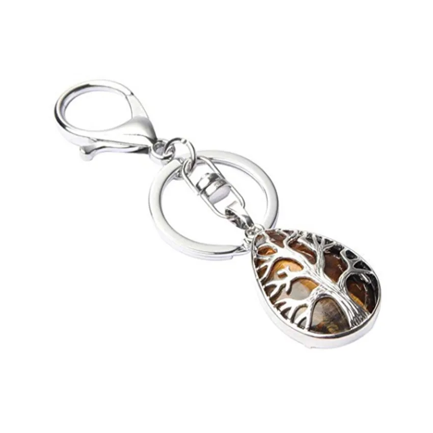 

Silver Plated Circle Water Drop Blue Sand Stone Key Chain Green Aventurine Tree of Life Jewelry