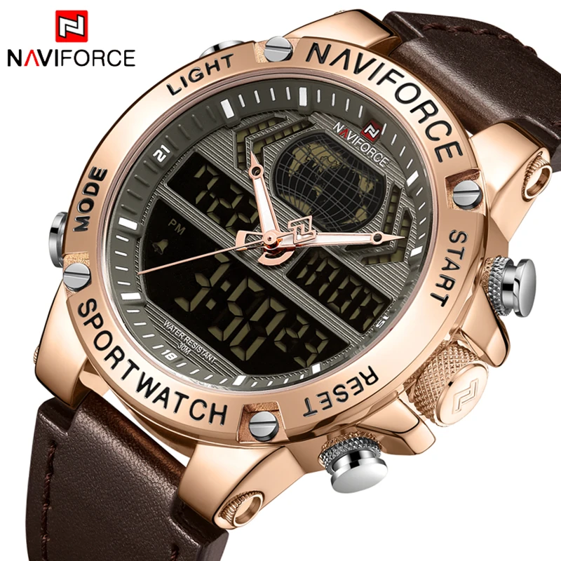 NAVIFORCE модные бизнес Брендовые мужские часы кожаные аналоговые цифровые