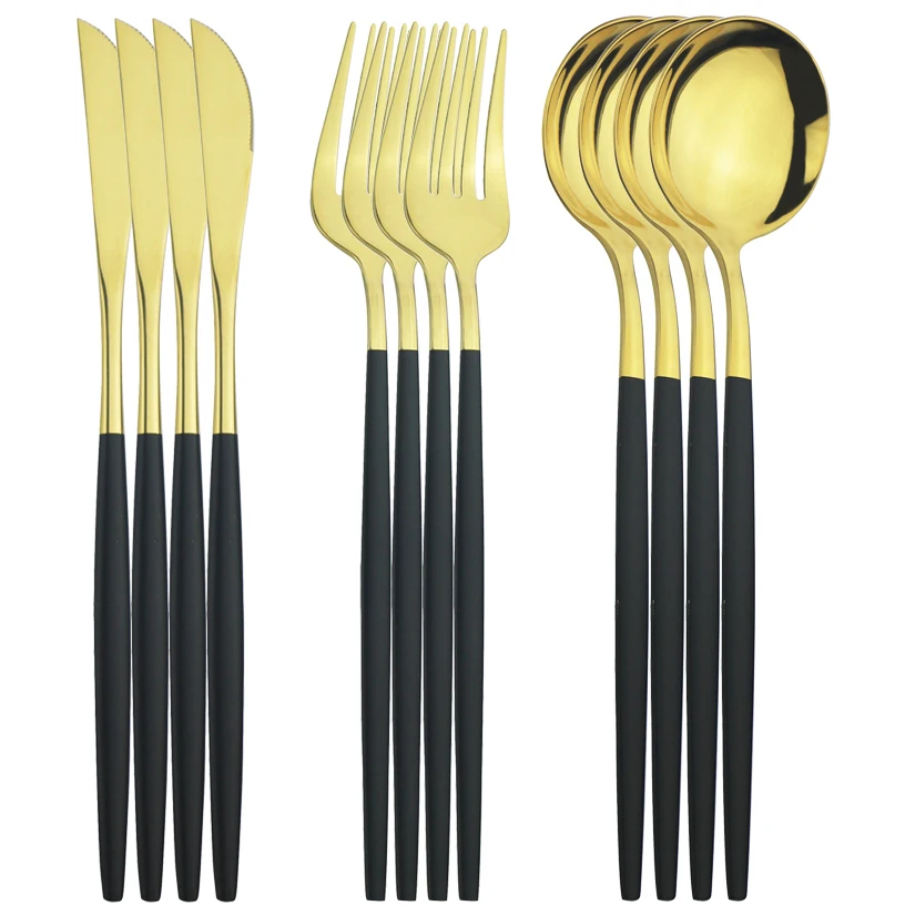 

12pcs Black Gold Dinnerware Cutlery Set Silverware Set Stainless Steel Knife Fork Spoon Dinner Home Kitchen Flatware Tableware