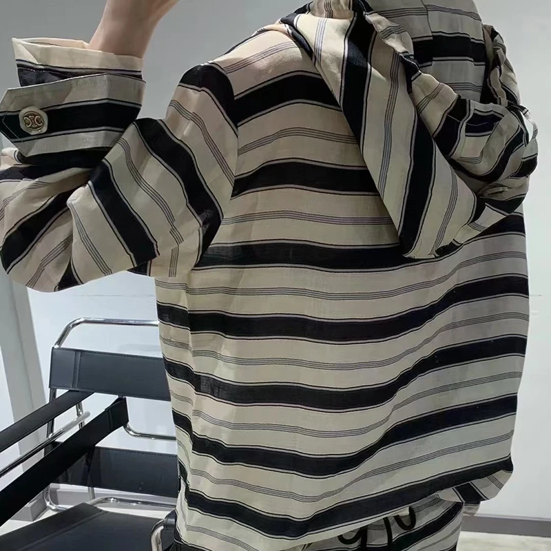 

VGH Striped Two Piece Set For Women Hooded Long Sleeve Sweatshirts High Waist Loose Shorts Casual Sets Female New Summer Fashion