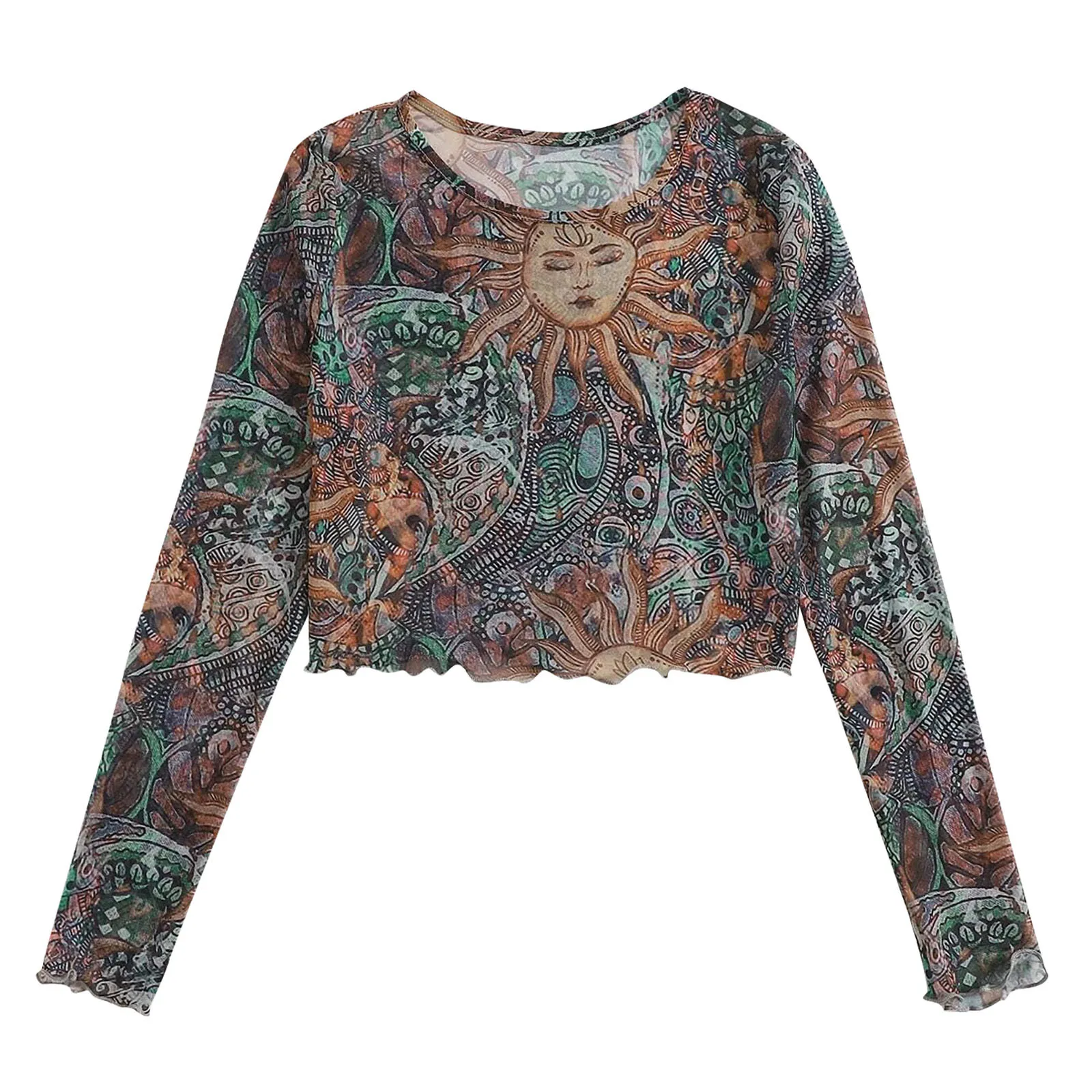 

Women Fashion Sun Moon Printed Sheer Mesh See Through Graphic T Shirts