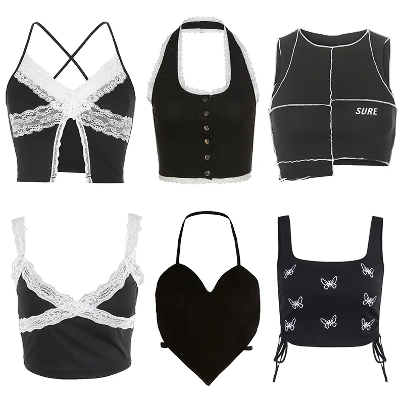 

Black Crop Top Patchwork Lace Spaghetti Strap Corset Top Sleeveless 2000s Cami Top Y2k Aesthetic Sexy Camisole Summer 2021