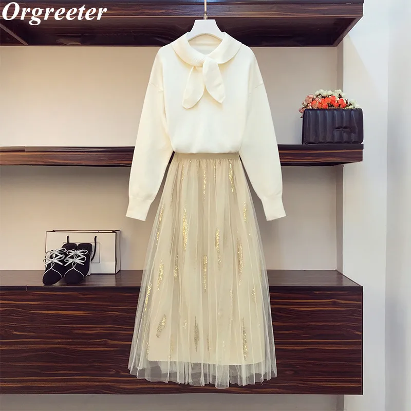 Женский осенний комплект из двух предметов Однотонный свитер с длинным рукавом и