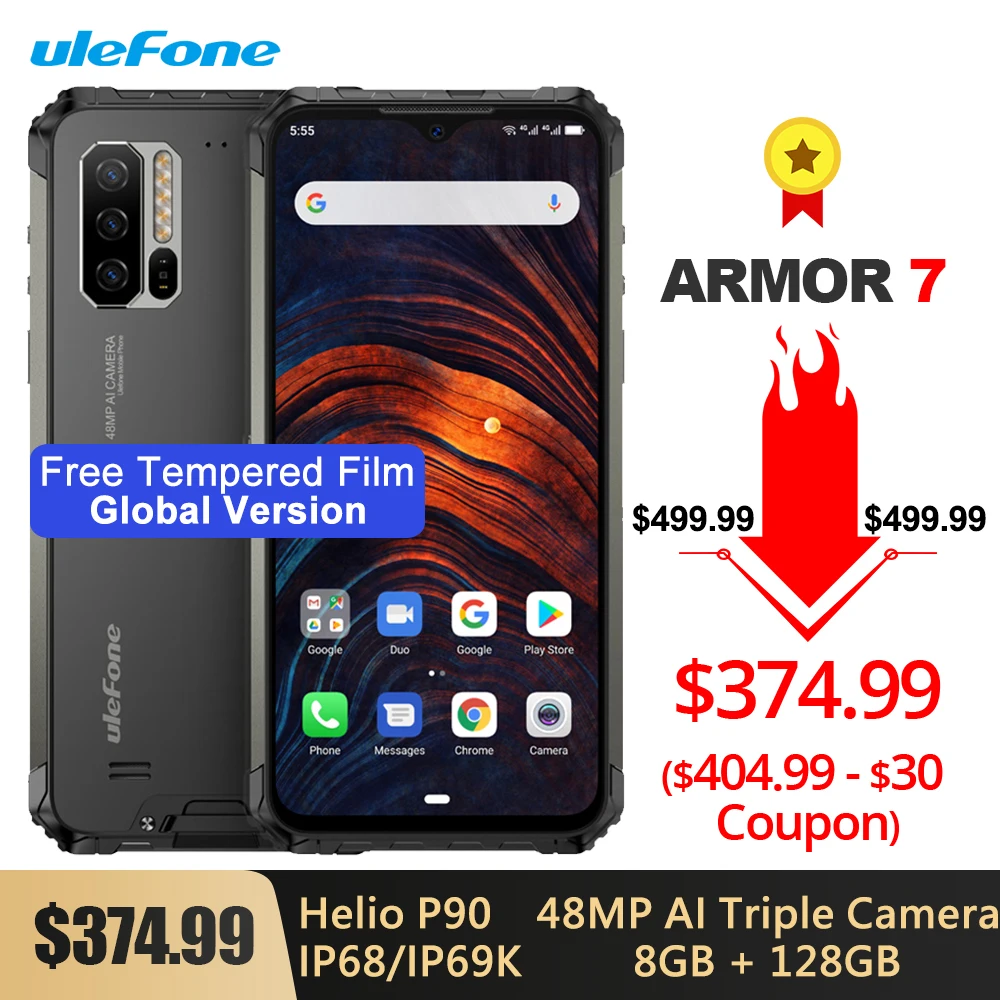Ulefone Armor 7 глобальная версия IP68/IP69K прочный телефон Helio P90 Восьмиядерный 8 ГБ+ 128 ГБ 48мп Тройная камера 5500 мАч Android 9,0 NFC