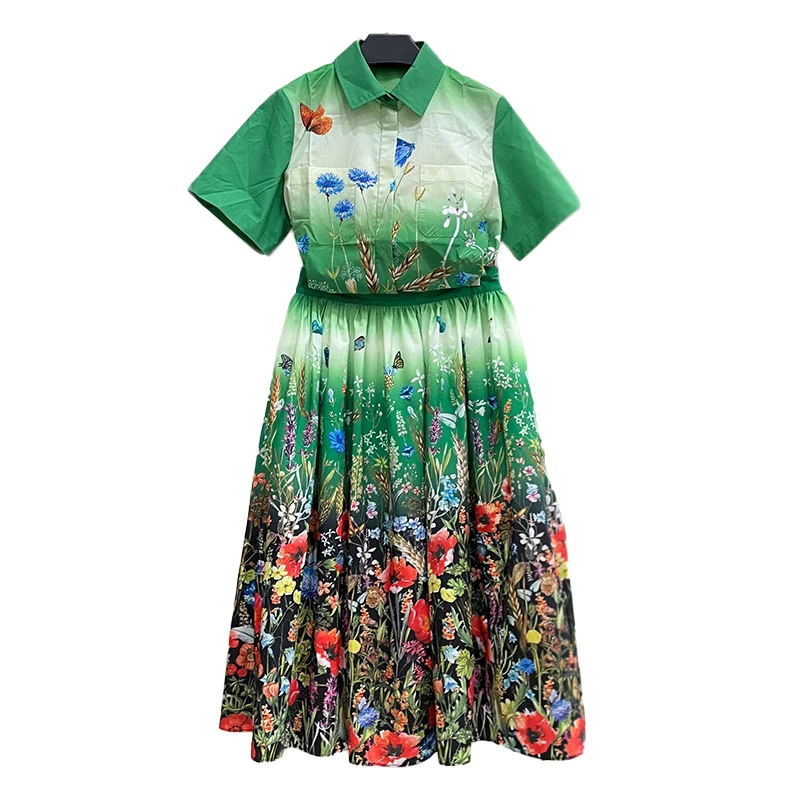 

AELESEEN Runway Fashion 2 Pieces Sets 2021 Spring Summer Elegant Turn-Down Collar T-Shirts+ Skirts Colorful Flower Print Sets