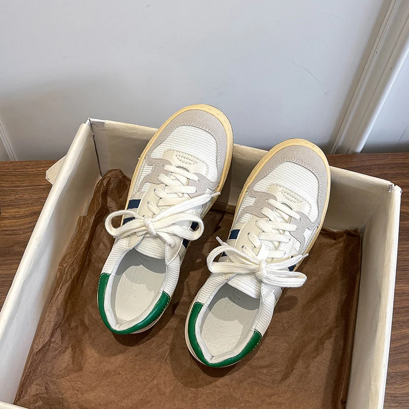

Women's sports shoes leather 2022 spring and autumn single shoes lace-up platform color matching casual shoes