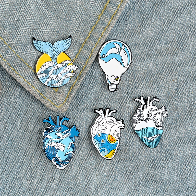 

Freedom Heart Enamel Pin Custom Organ Brooches Clothes Badge for Bag Lapel Ocean Wave Whale Jewelry Gift for Kids Friend