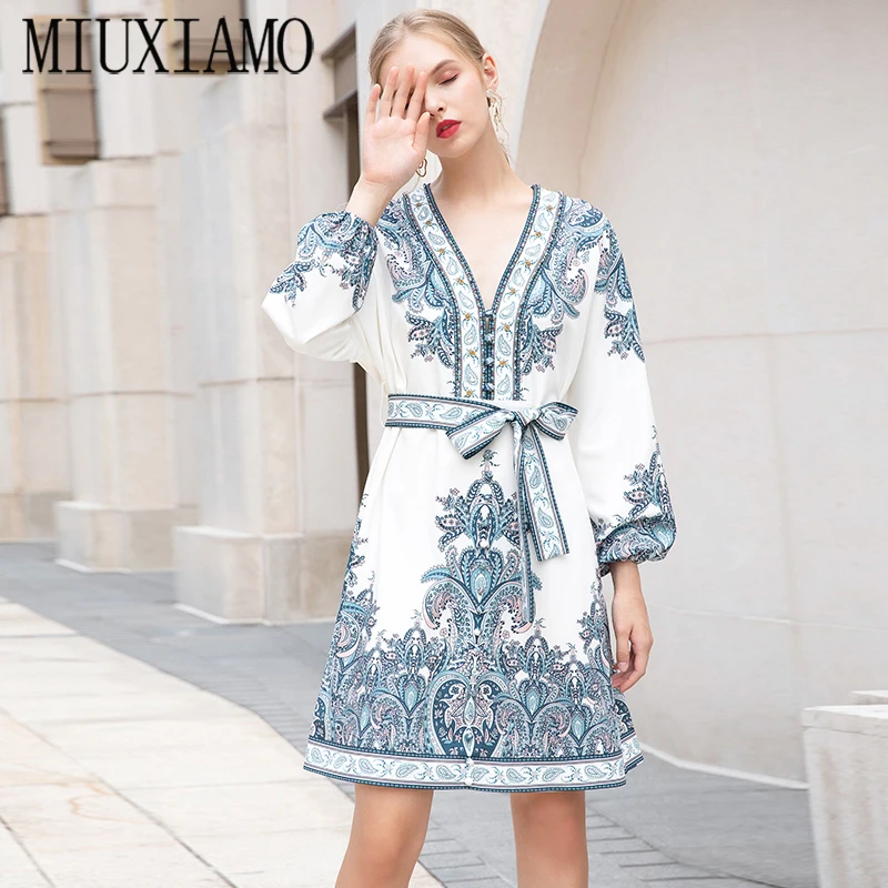 

MIUXIMAO High Quality 2020 Fall Dress Newest Long Sleeve Flower Print Elegant Casual Fishtail Dress Women Vestidos With Belt