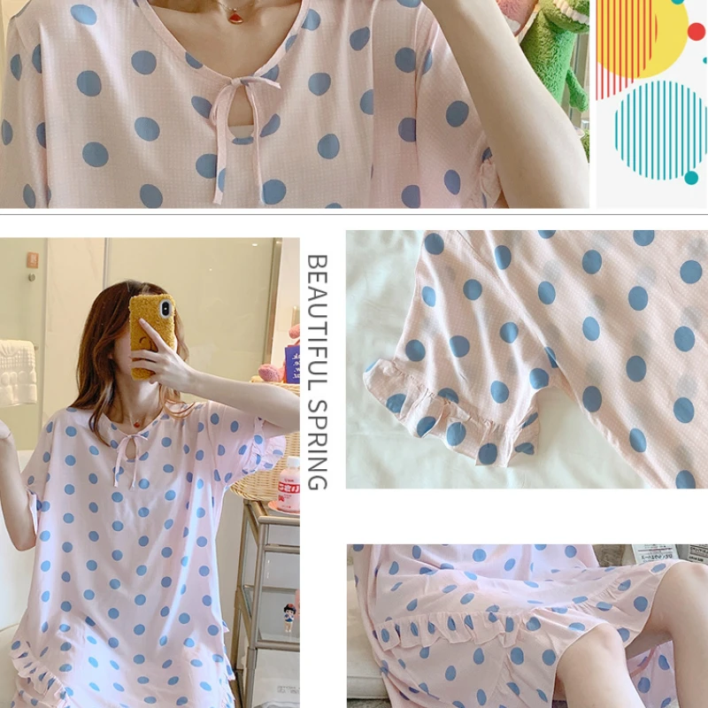

Women Sleepshirts Short Sleeve Printed Knee-length O-neck Ruffles Thin Kawaii Korean Style Sweet Fresh Girl Sleepwear Nightgowns