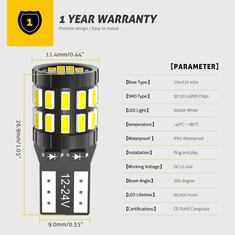 2 шт. T10 W5W светодиодный Canbus LED лампа для очистки автомобиля Автомобильные