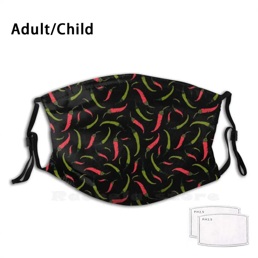 

Red And Green Chilli Peppers On Black Funny Print Reusable Pm2.3044 Filter Face Mask Chili Chilis Chillies Chillie Pepper
