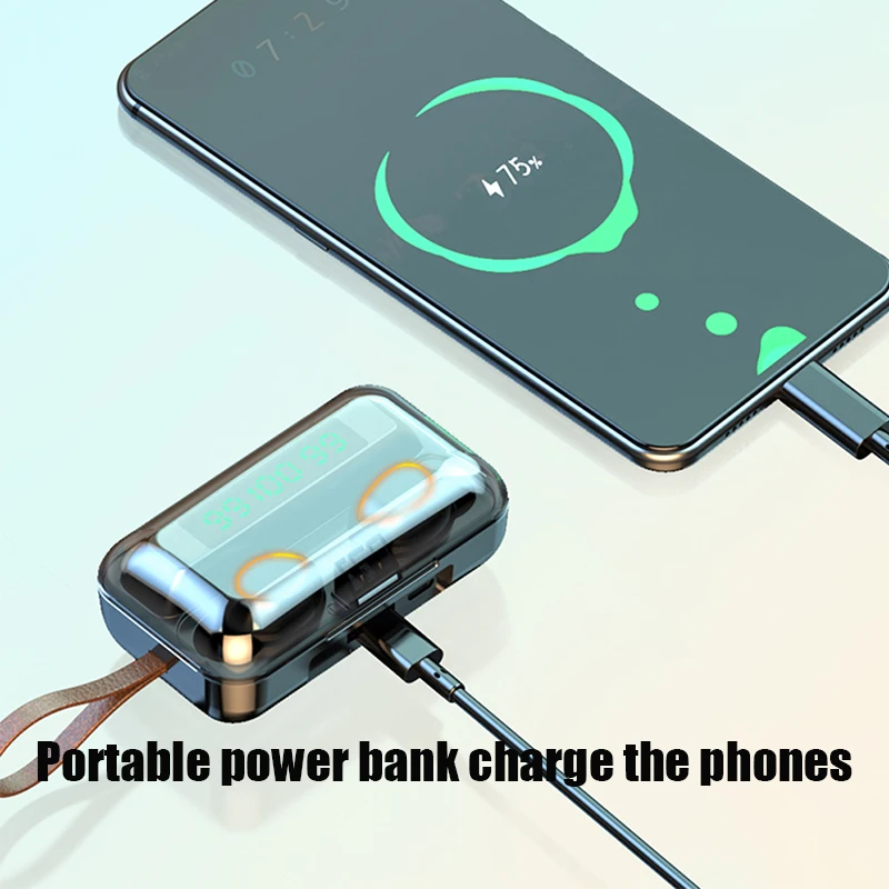 

F9-5 bluetooth 5.0 headset Portable power bank charge the phones dazzling lighting effect with rope touch true triple display
