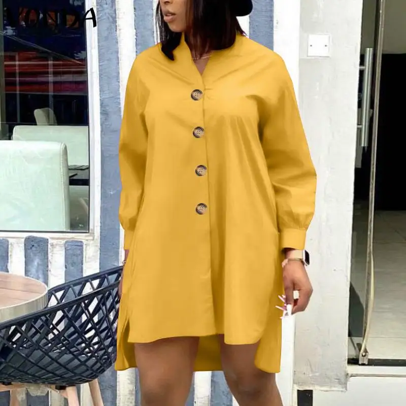 

Casual Long Sleeve Shirt Dress Women Autumn Irregular Hem Party Vestidos VONDA Ladies Solid Color Party Robe Asymmetric Sundress