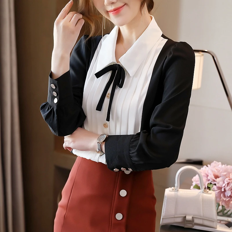 

Temperament Shirt Women Chiffon Blouses 2021 Spring Autumn New long-sleeved Bow Office Lady Tops Loose Clothing