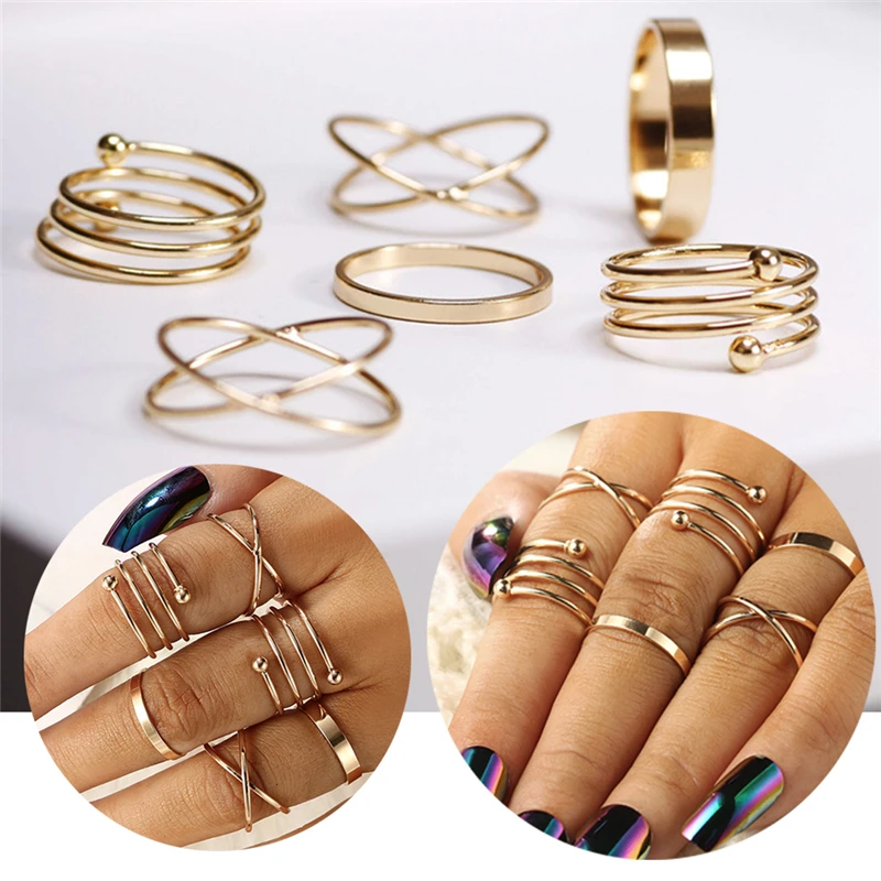 Набор многослойных золотых круглых колец набор на пальцы средней длины для