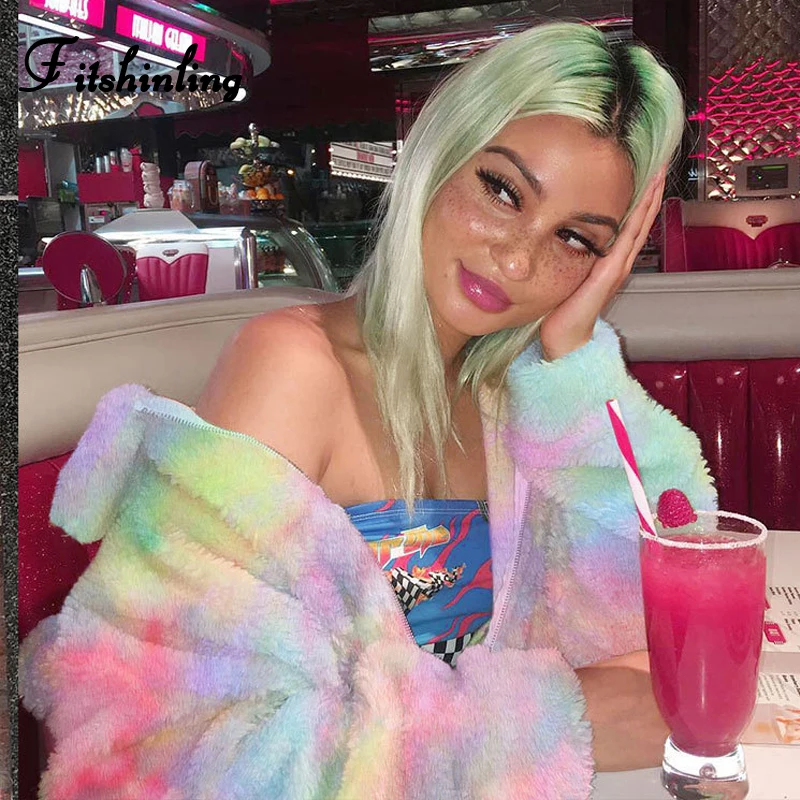 Fitshinling Lambswool Winter Women's Sweatshirts Hairy Rainbow Tie Dye Moletom Poleron Mujer Zip-Up Warm Fuzzy Sweatshirt Female | Женская