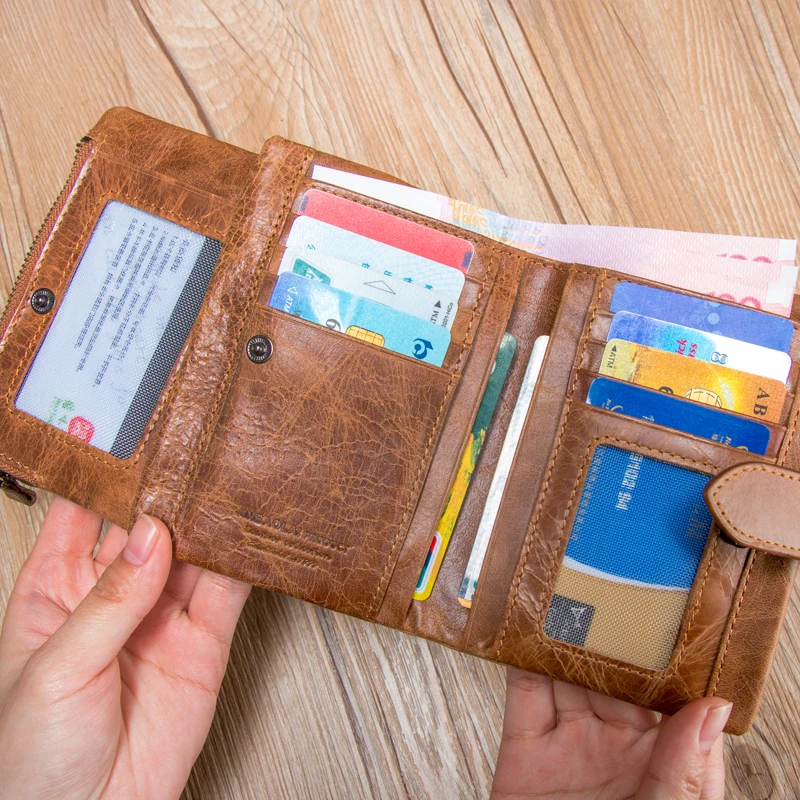 

JINBAOLAI Genuine Crazy Horse Leather Men Wallets Vintage Trifold Wallet Zip Coin Pocket Purse Cowhide Leather Wallet For Mens