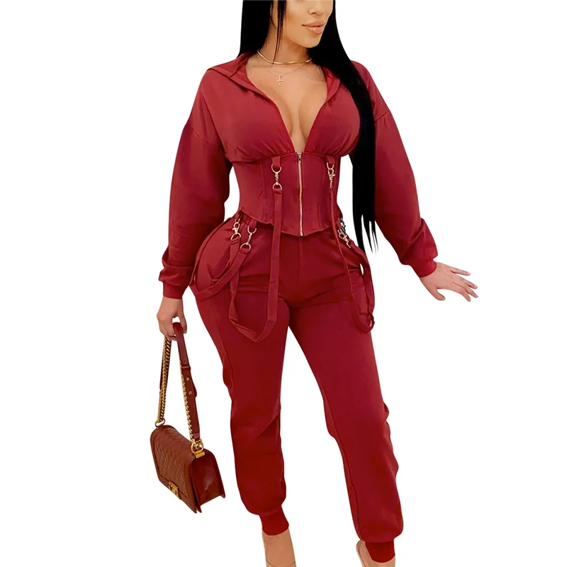 

Autumn Activewear Tracksuits Women Set Girdling Lace Up Hooded Crop Top Jogger Pants Suit Two Pieces Set Fitness Outfits