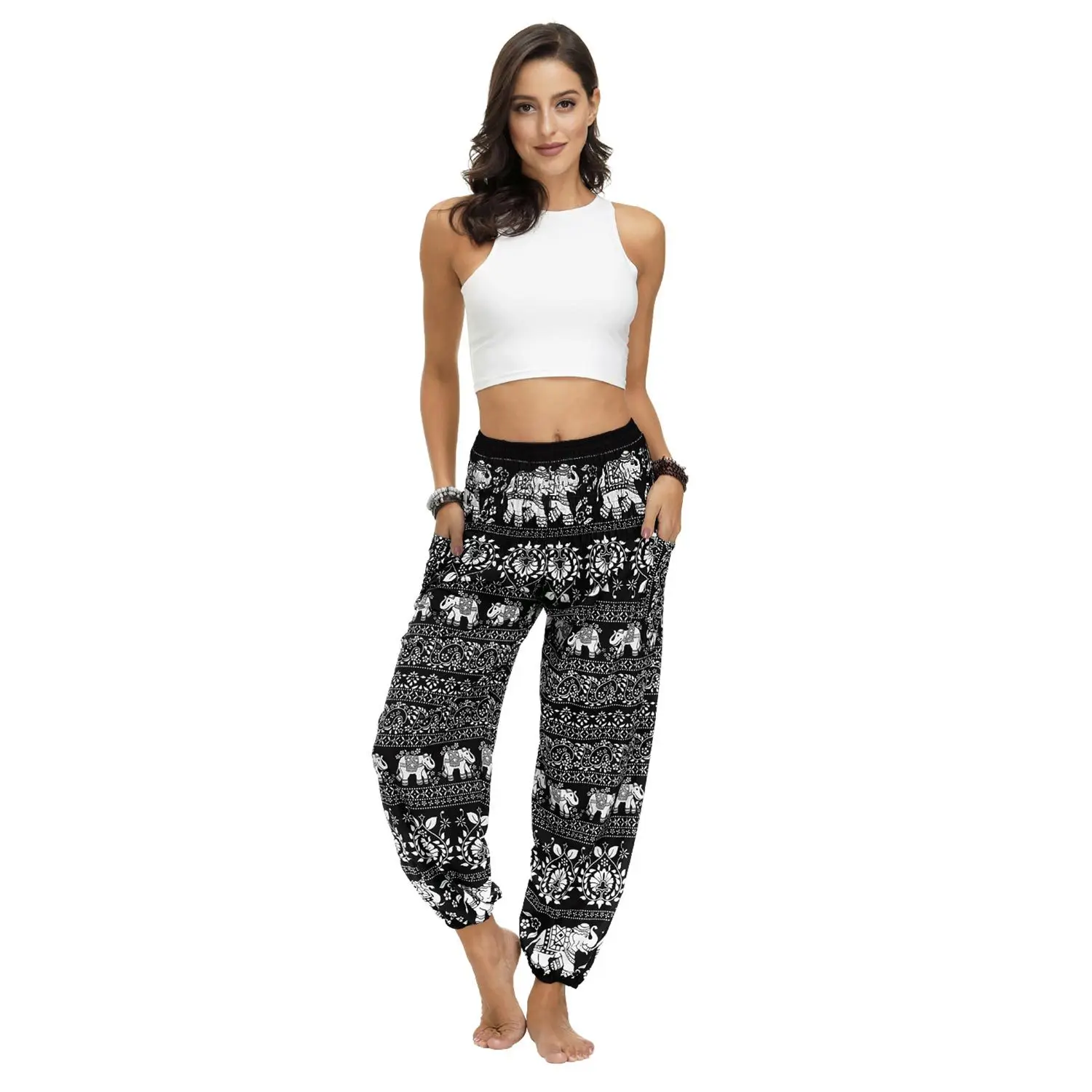 

Womens Pocket High Waist Wide Leg Harem Pants Ethnic Elephant Beam Feet Pants Autumn Floral Casual Baggy Workout Pants Bloomers