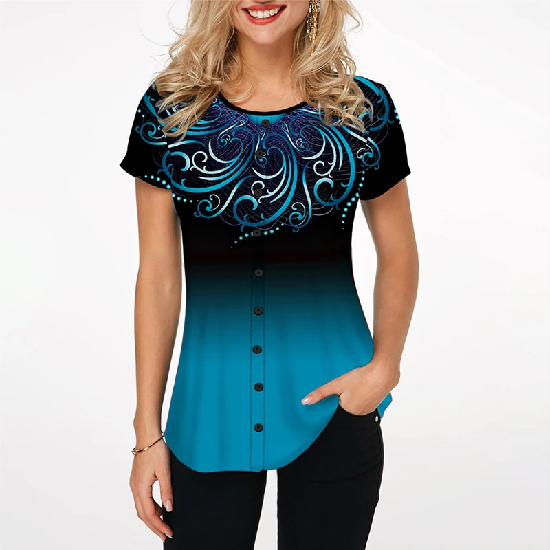 

Женские повседневные короткие футболки 2021 S-2Xl, летняя футболка с градиентным принтом и круглым вырезом, футболки на пуговицах, топы, свободн...