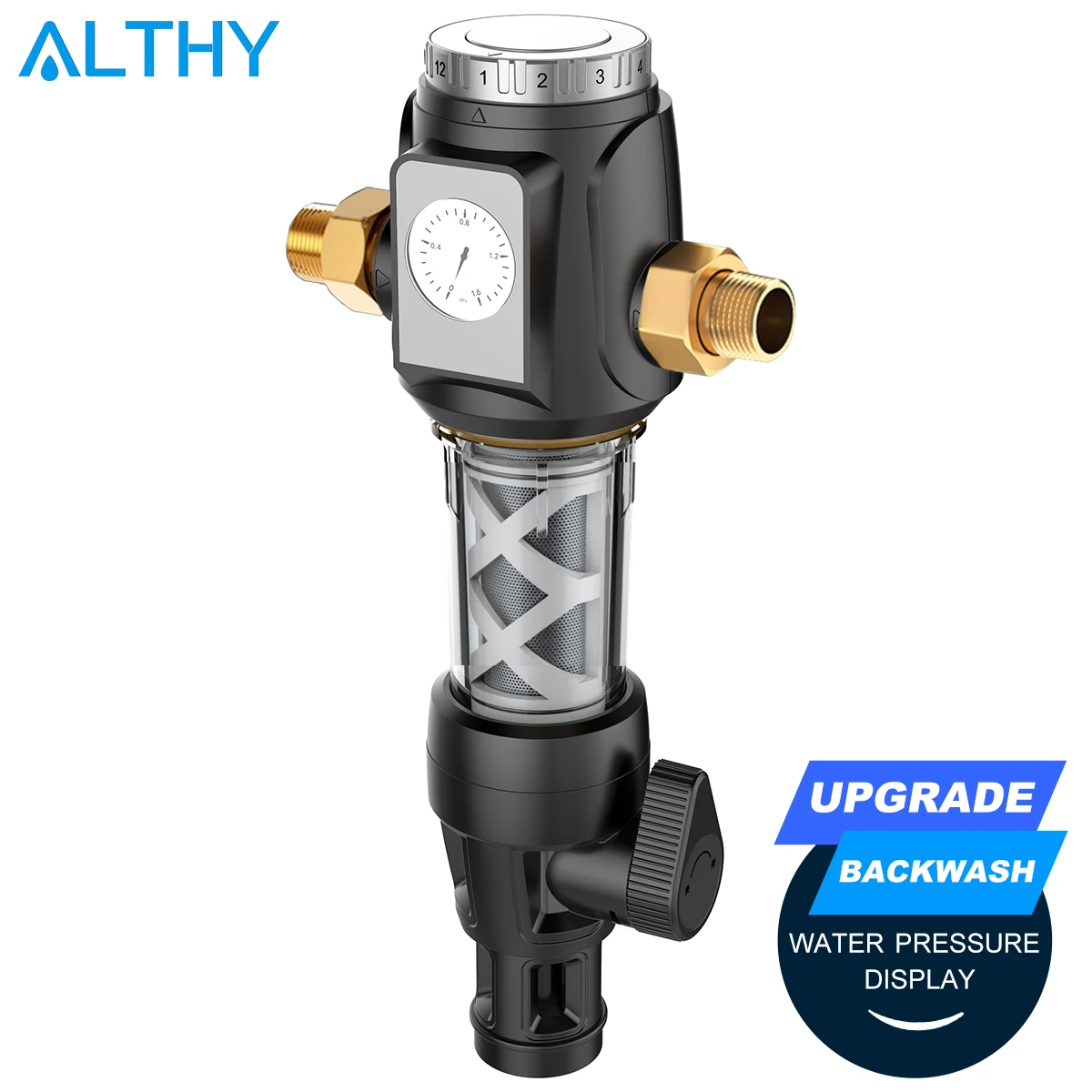

ALTHY Central Prefilter Whole House Pre-filter Water Filter Purifier Siphon backwash 3T/h 40Î¼m with water Pressure Gauge