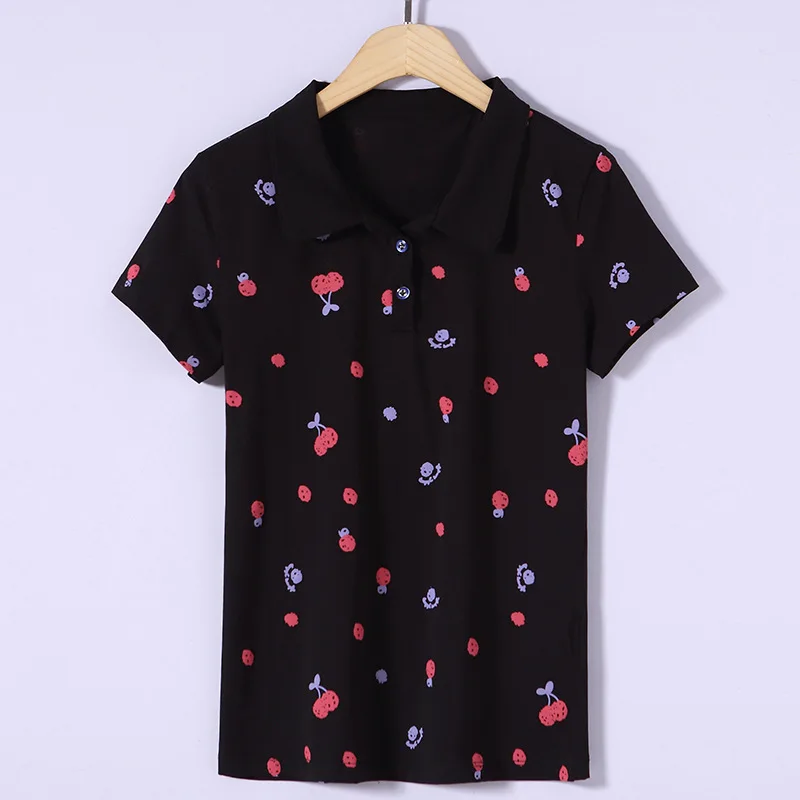 

2021 new short sleeve T-shirt women's fashion printed polo shirt versatile Lapel half sleeve women's cotton top 2009