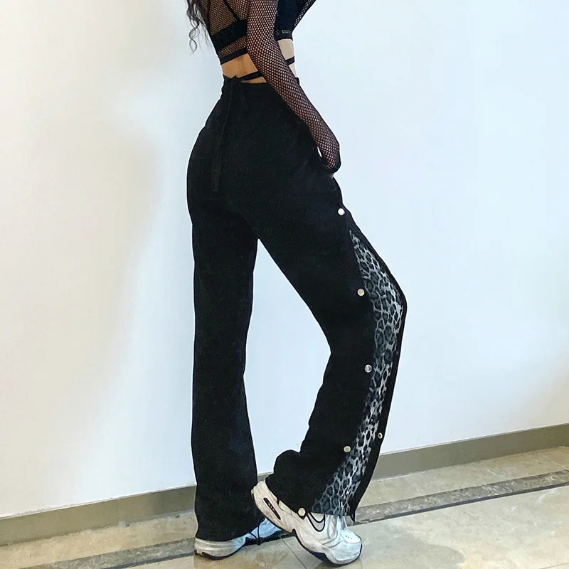 

SEASONS Button Open Leopard Print Casual Sweatpants Women Cotton High Waist Joggers Black Harajuku Punk Pants Capris ASPA82409