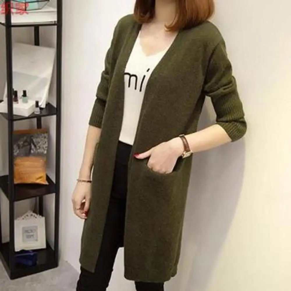 Женский кардиган с длинными рукавами и карманами осенне-зимний плотный вязаный